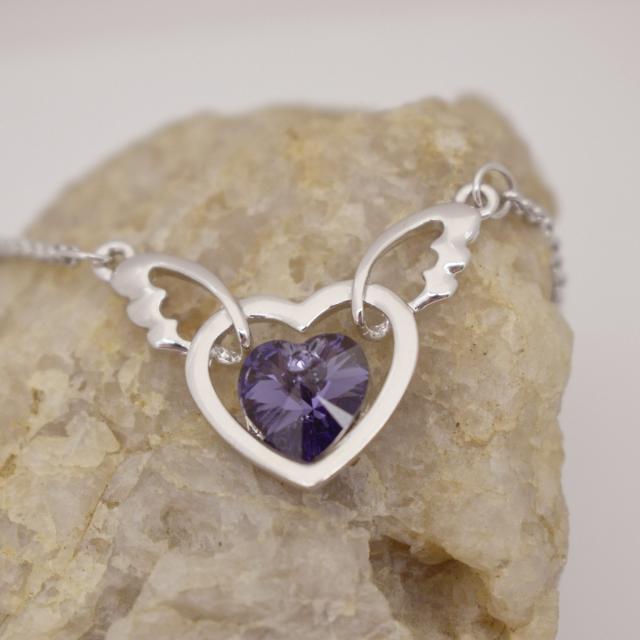 Purple Austrian Faceted Crystal Double Heart Angel Wing Silver Tone Remembrance In Memory Necklace